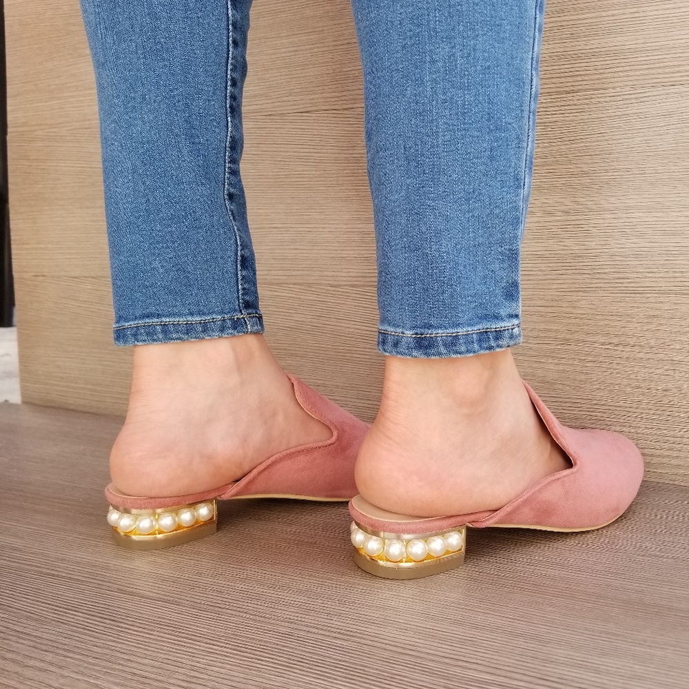 Suede Slip On Loafer Mule Pearl Accents on Heel-A - Picture 4 of 7